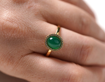 Gold Plated Sterling Silver Oval Green Agate Ring with Cubic Zirconia 