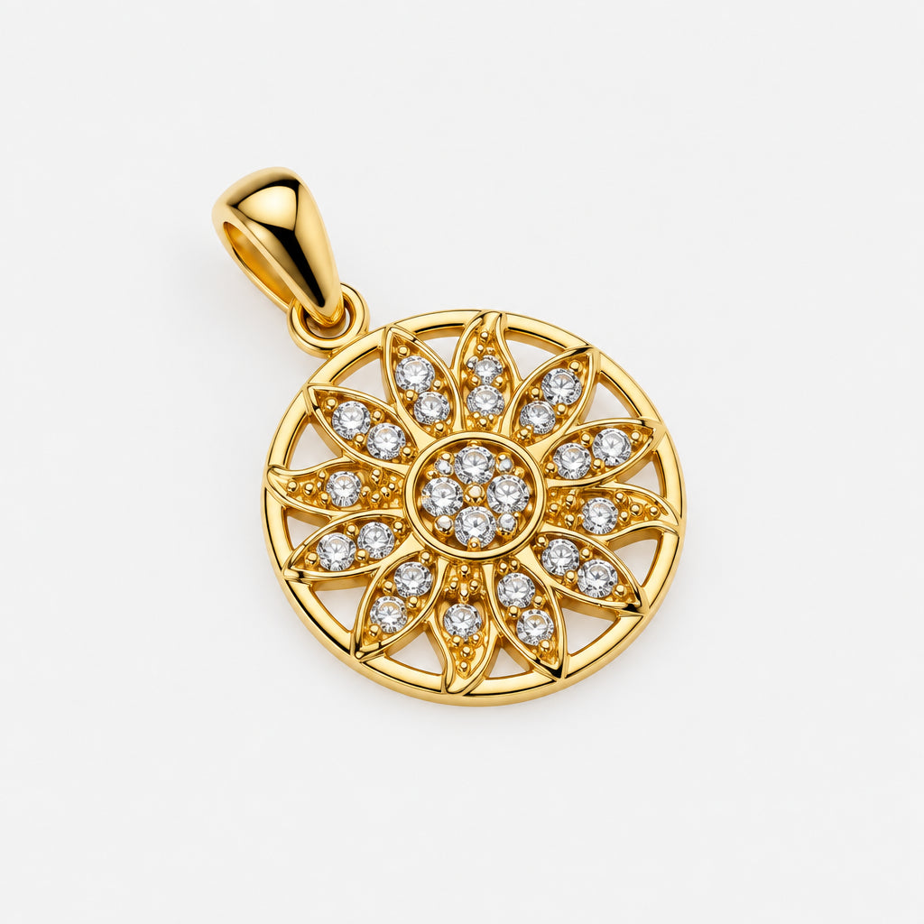 Gold Plated Sterling Silver Mandala Flower Pendant with Cubic Zirconias