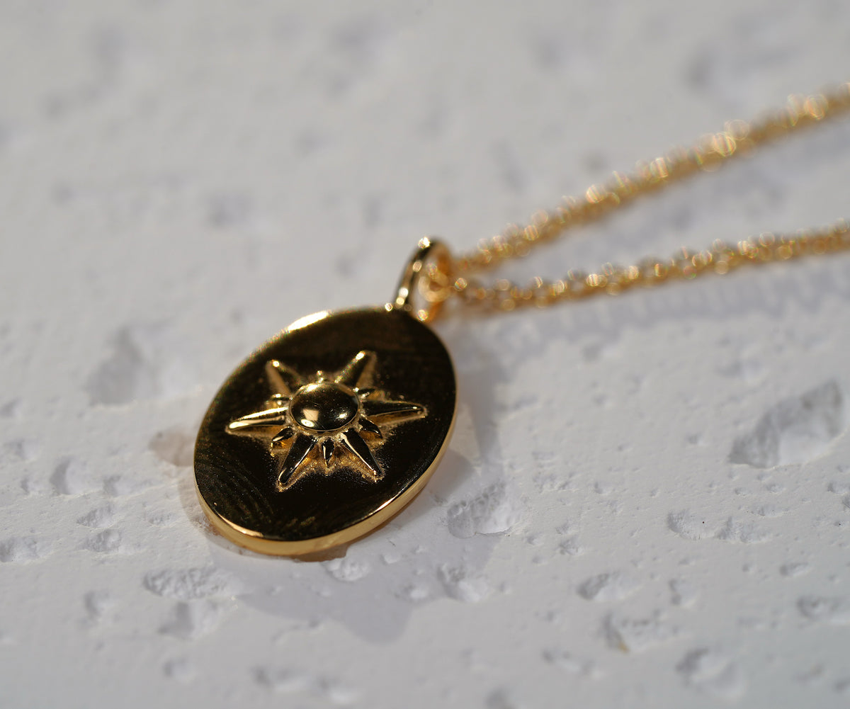 Gold Plated Sterling Silver Necklace with Sun Pendant in Oval Shape