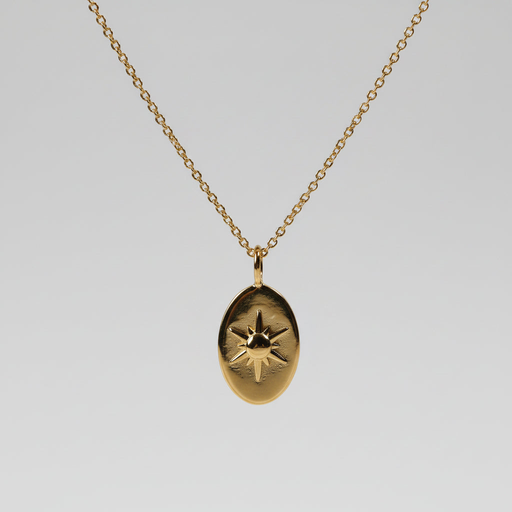 Gold Plated Sterling Silver Necklace with Sun Pendant in Oval Shape