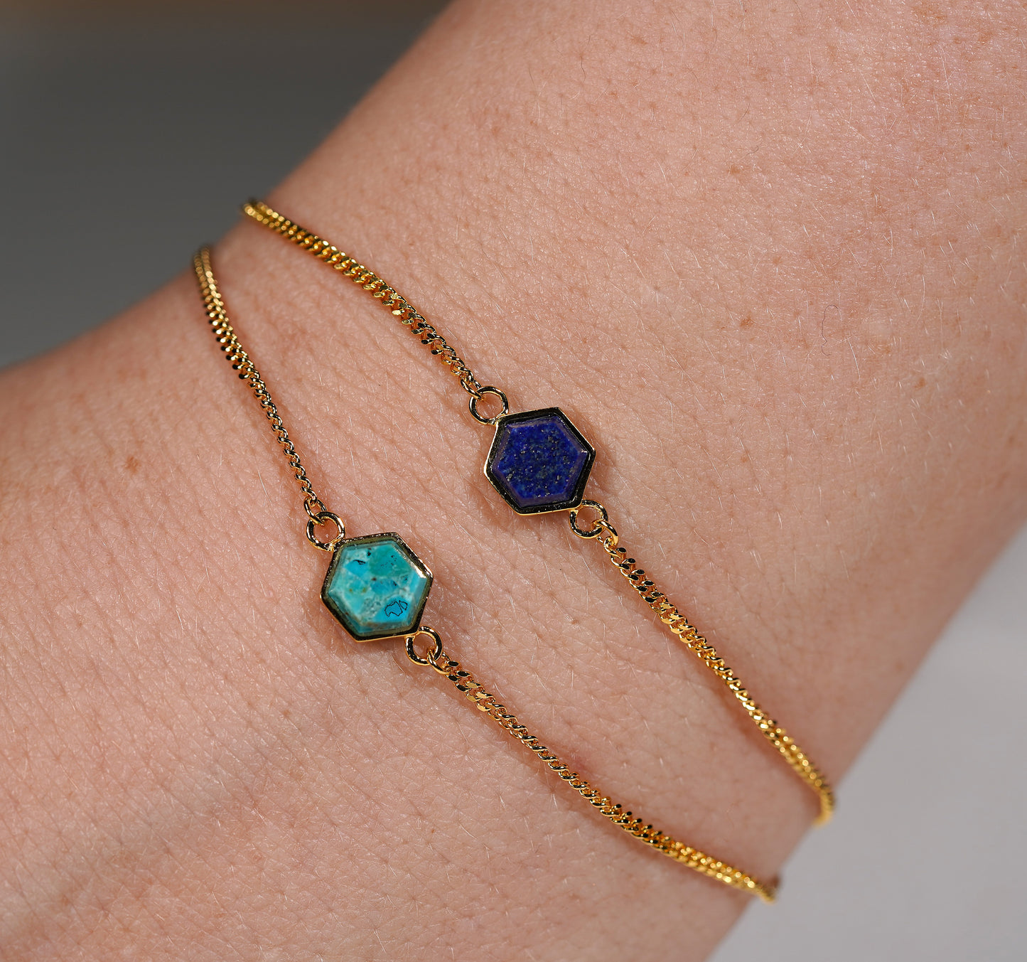 Gold Plated Sterling Silver Bracelet with Hexagon Stone Feature- Lapis and Turquoise