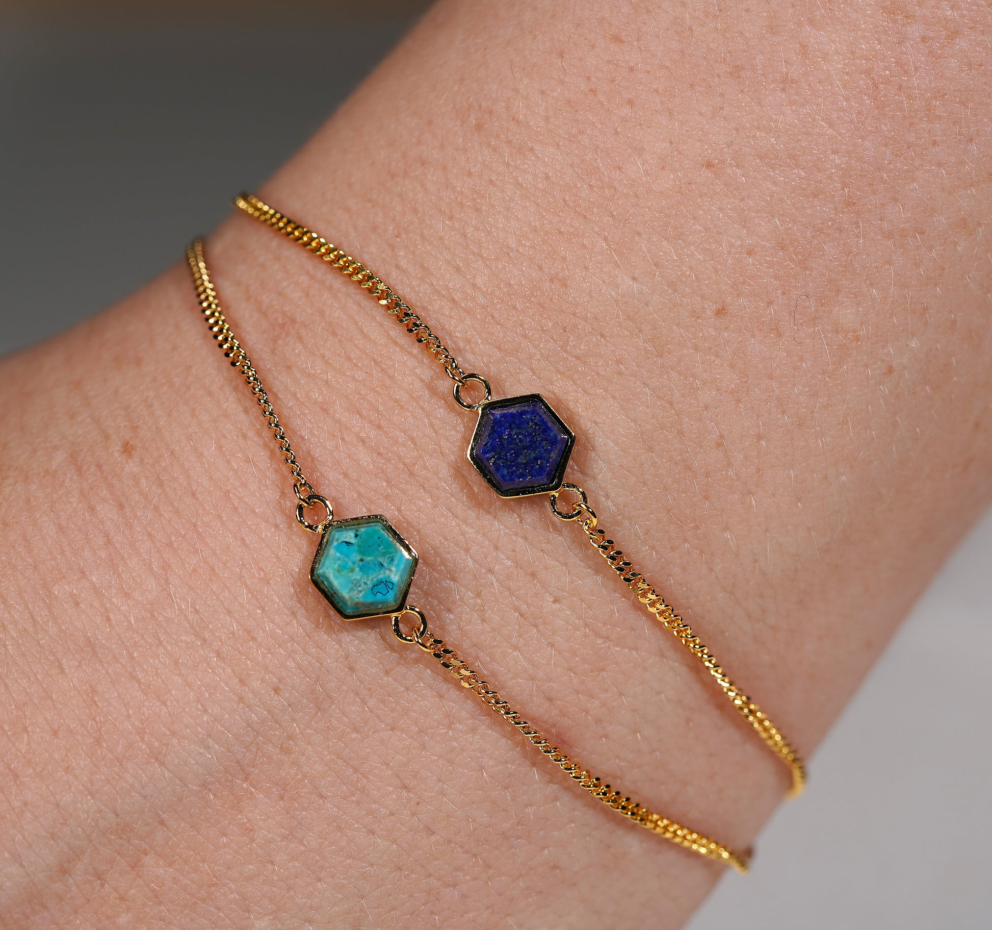 Gold Plated Sterling Silver Bracelet with Hexagon Stone Feature- Lapis and Turquoise