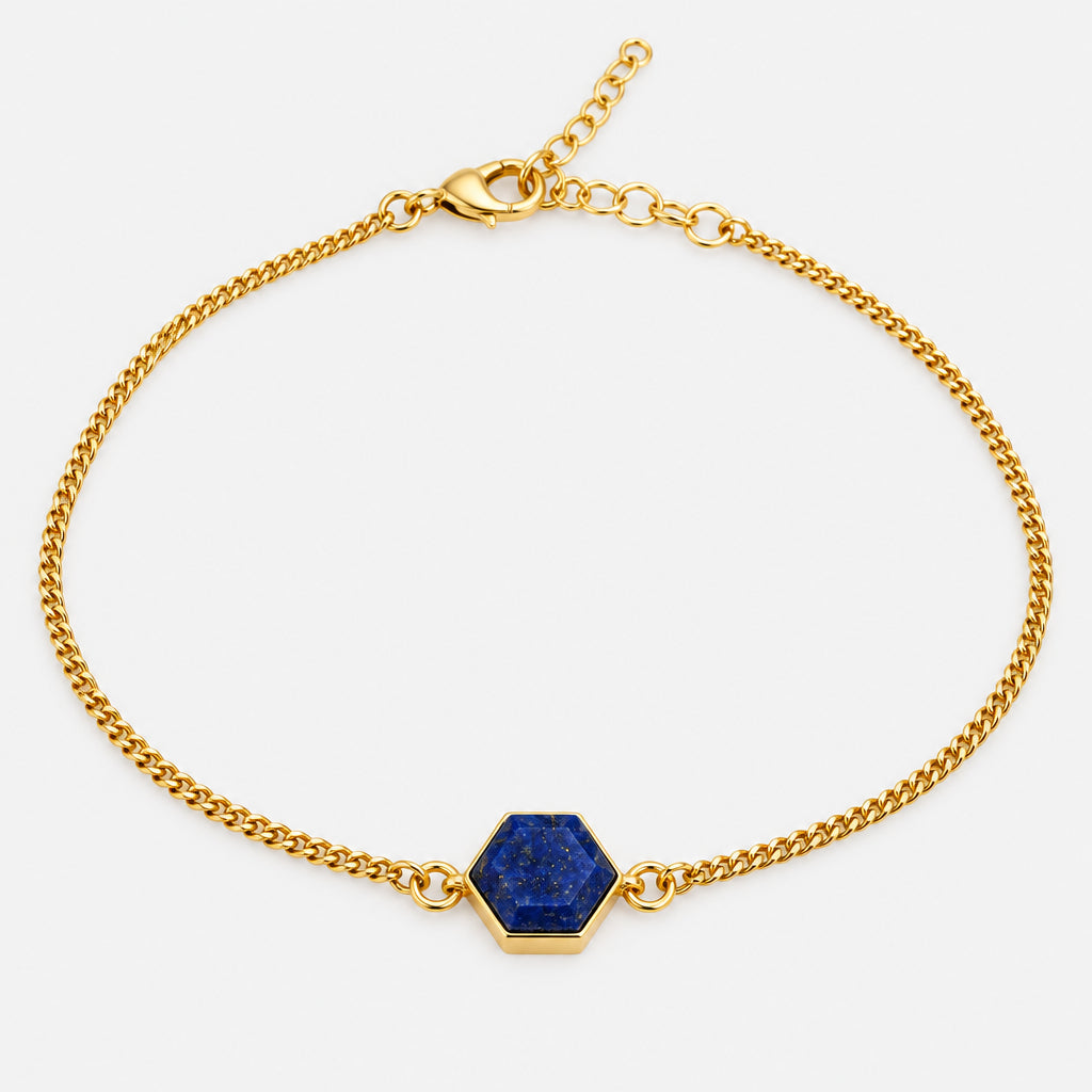  Plated Sterling Silver Bracelet with Hexagon Stone Feature- Lapis flat lay