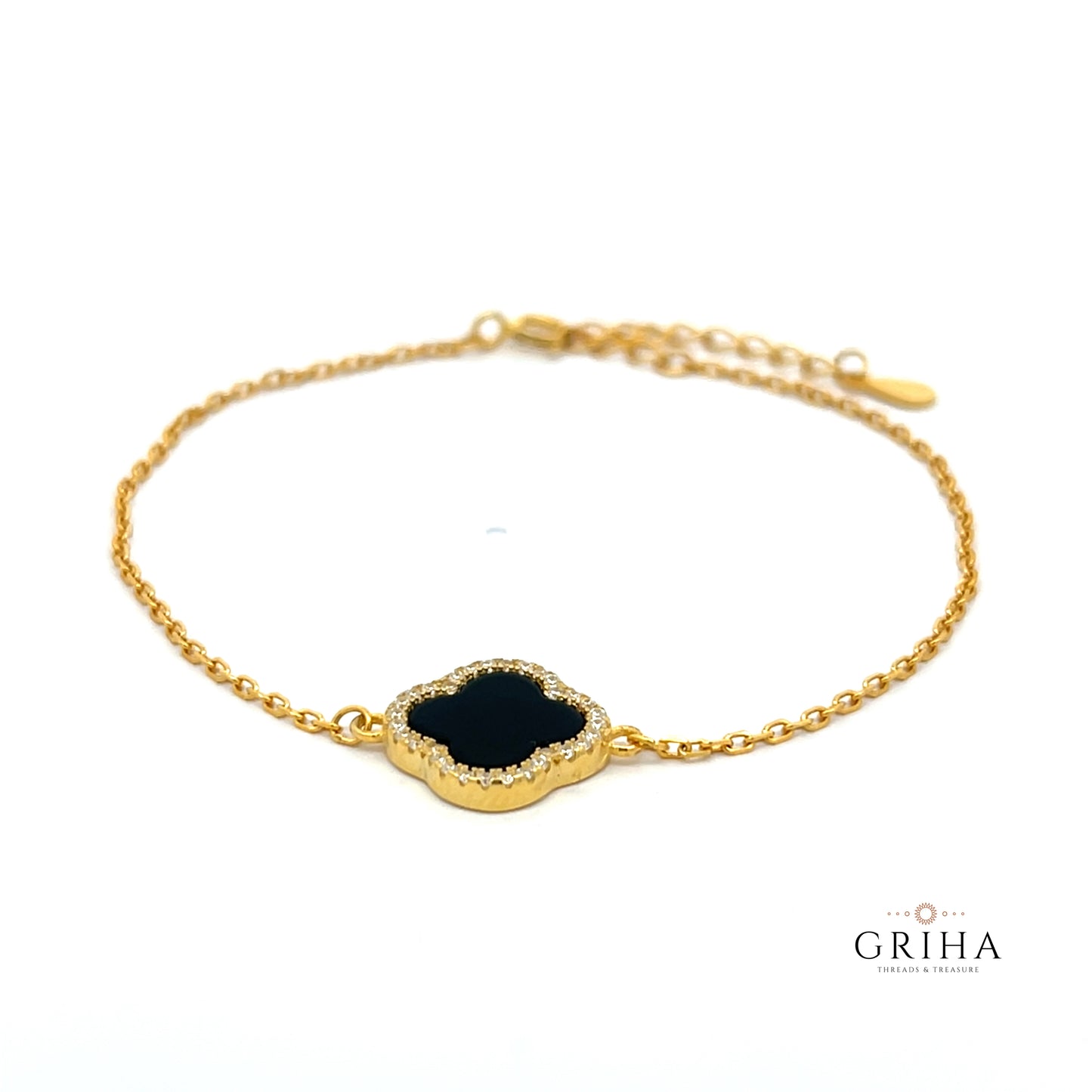 Gold Plated Sterling Silver Clover Bracelet Black Onyx Stone