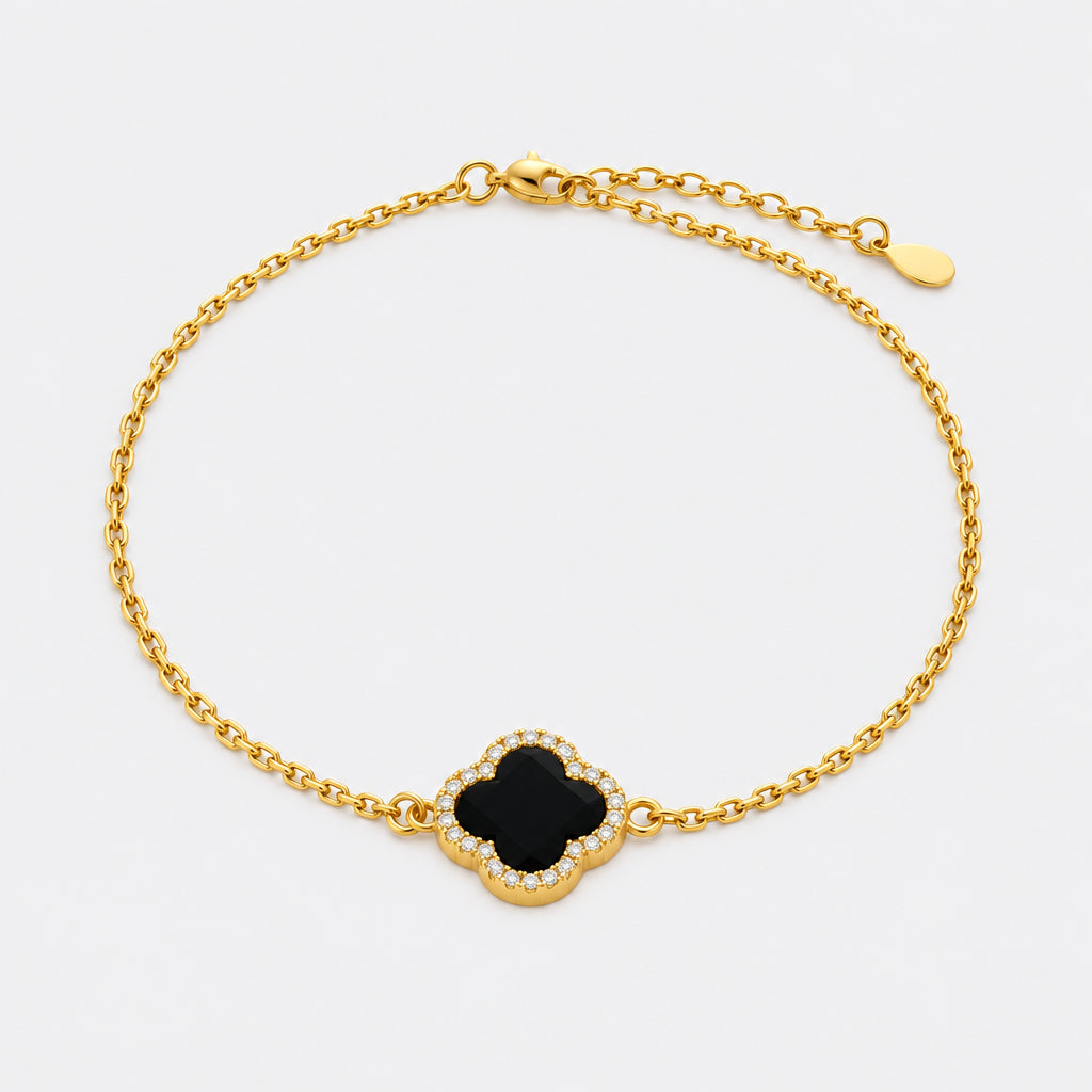 Gold Plated Sterling Silver Clover Bracelet Black Onyx Stone