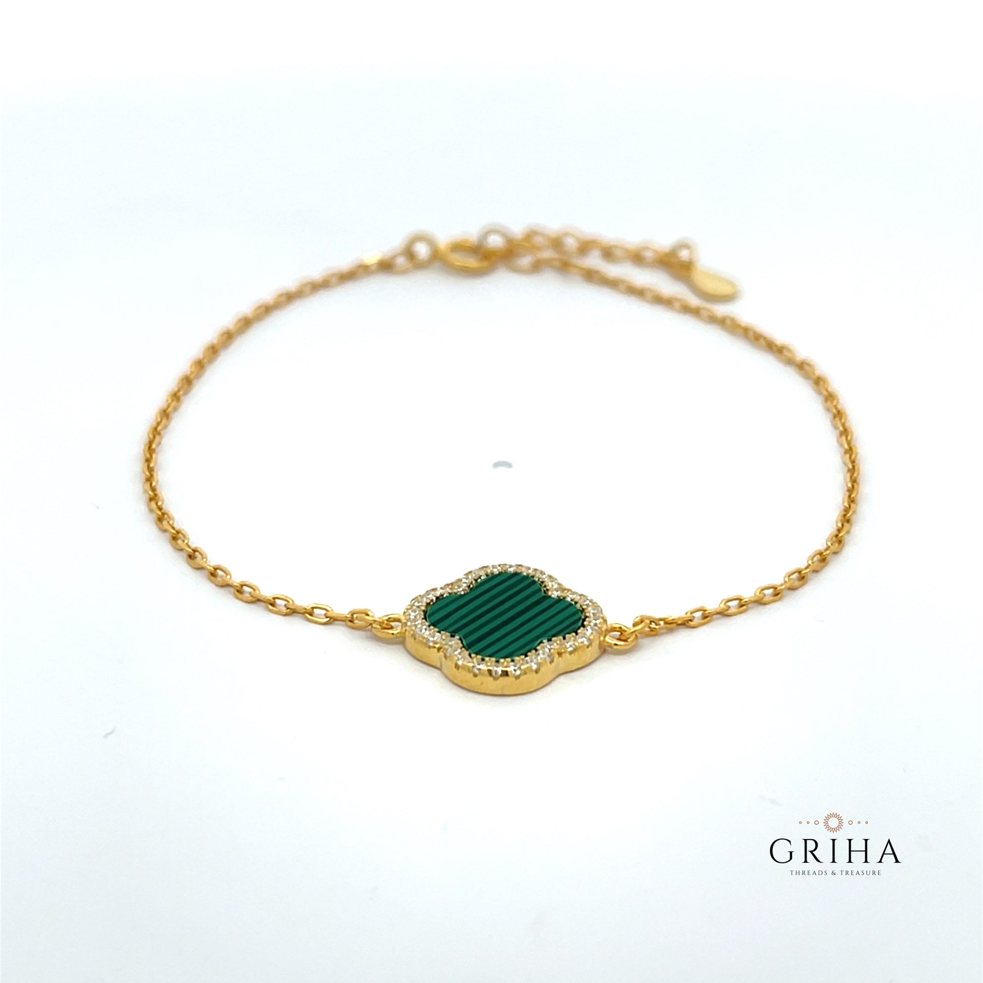 Gold Plated Sterling Silver Clover Bracelet Green Malachite Gemstone