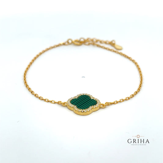 Gold Plated Sterling Silver Clover Bracelet Green Malachite Gemstone