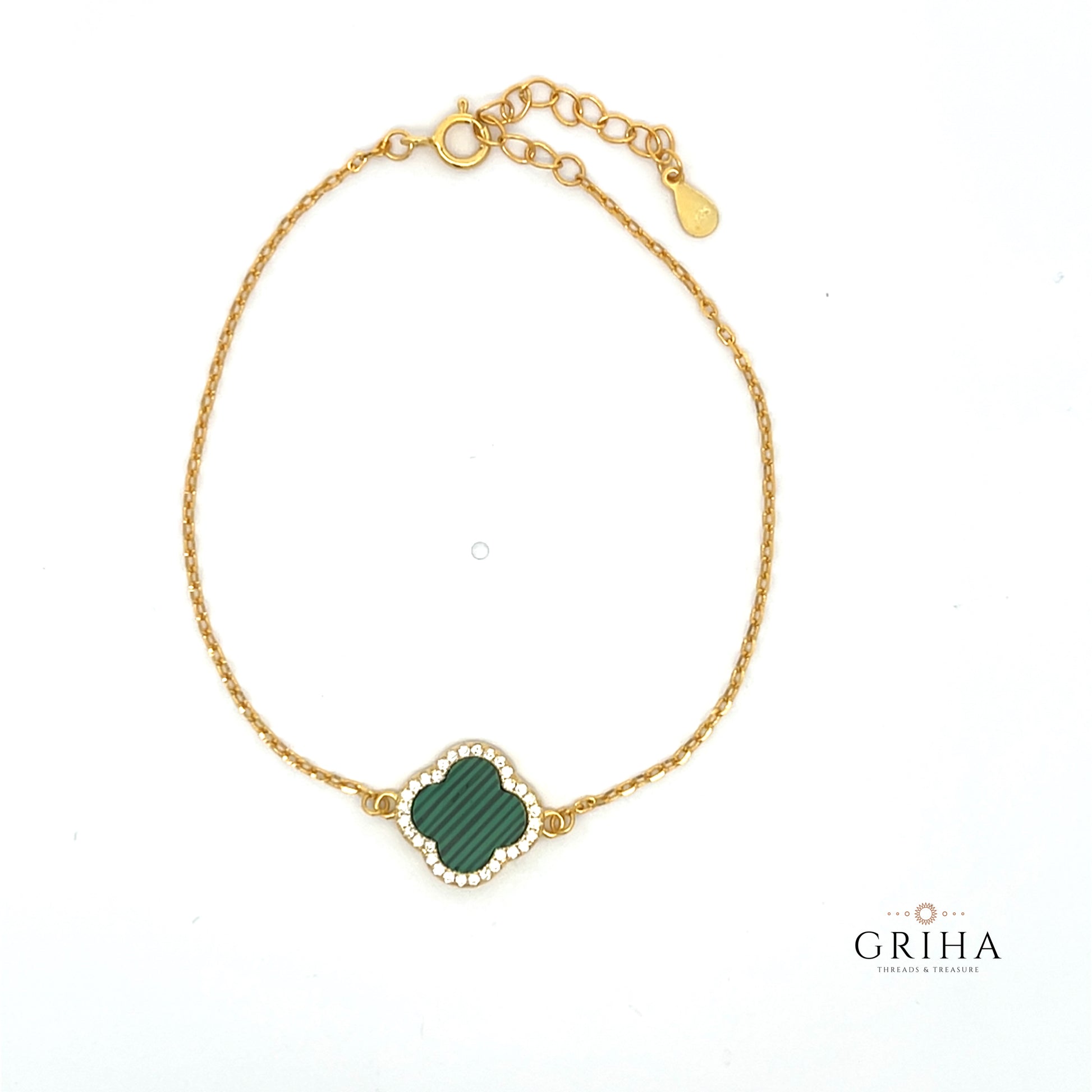 Gold Plated Sterling Silver Clover Bracelet Green Malachite Stone