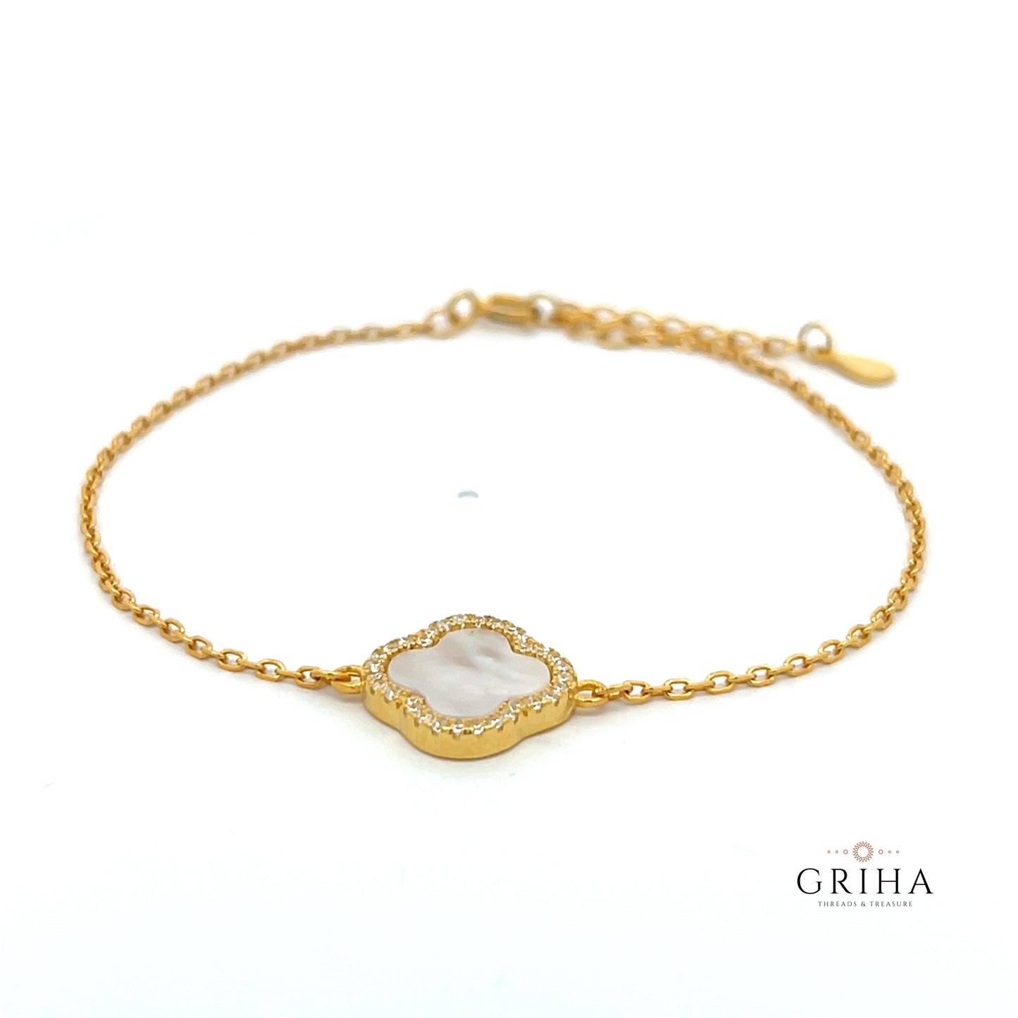 Gold Plated Sterling Silver Clover Bracelet White Mother of Pearl