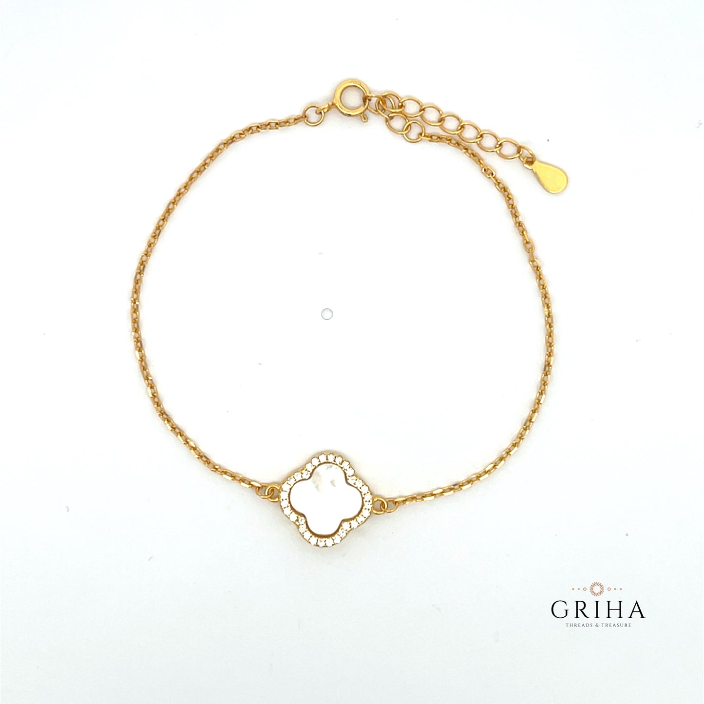 Gold Plated Sterling Silver Clover Bracelet White Pearl