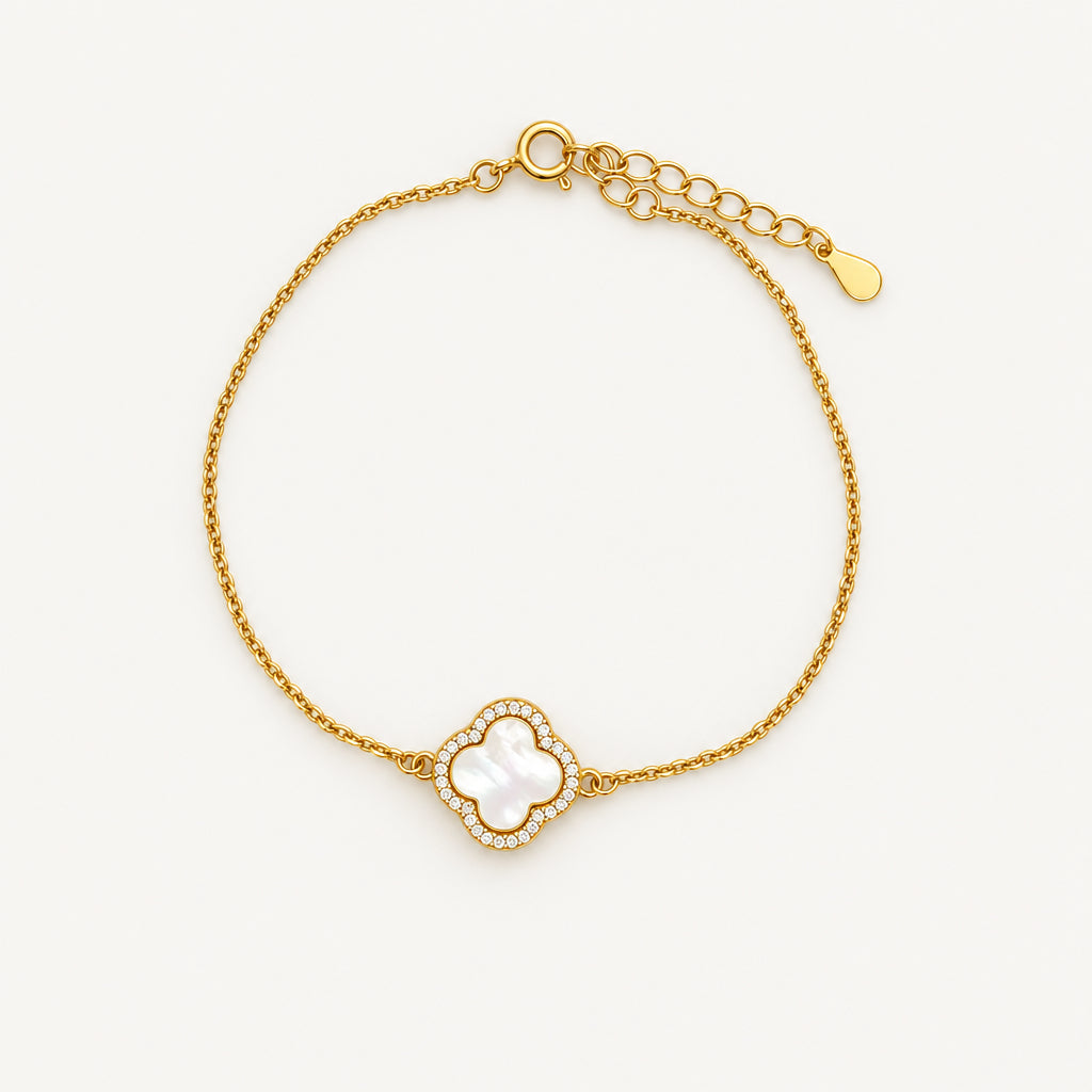 Gold Plated Sterling Silver Clover Bracelet White Pearl