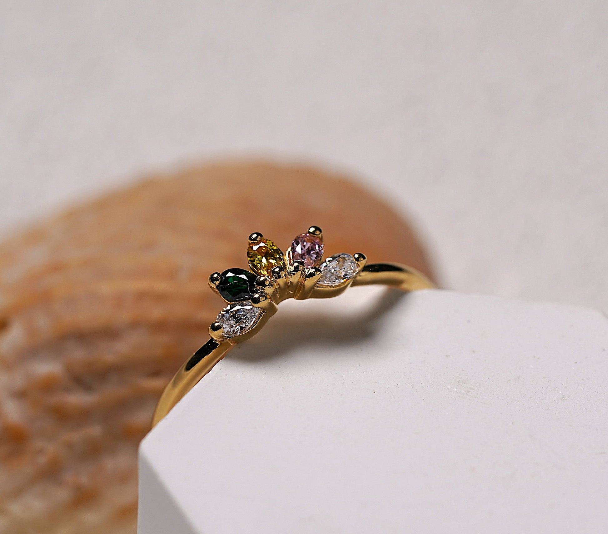 Gold Plated Sterling Silver Ring with Colourful Cubic Zirconia Flower