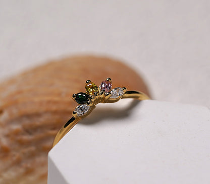 Gold Plated Sterling Silver Ring with Colourful Cubic Zirconia Flower