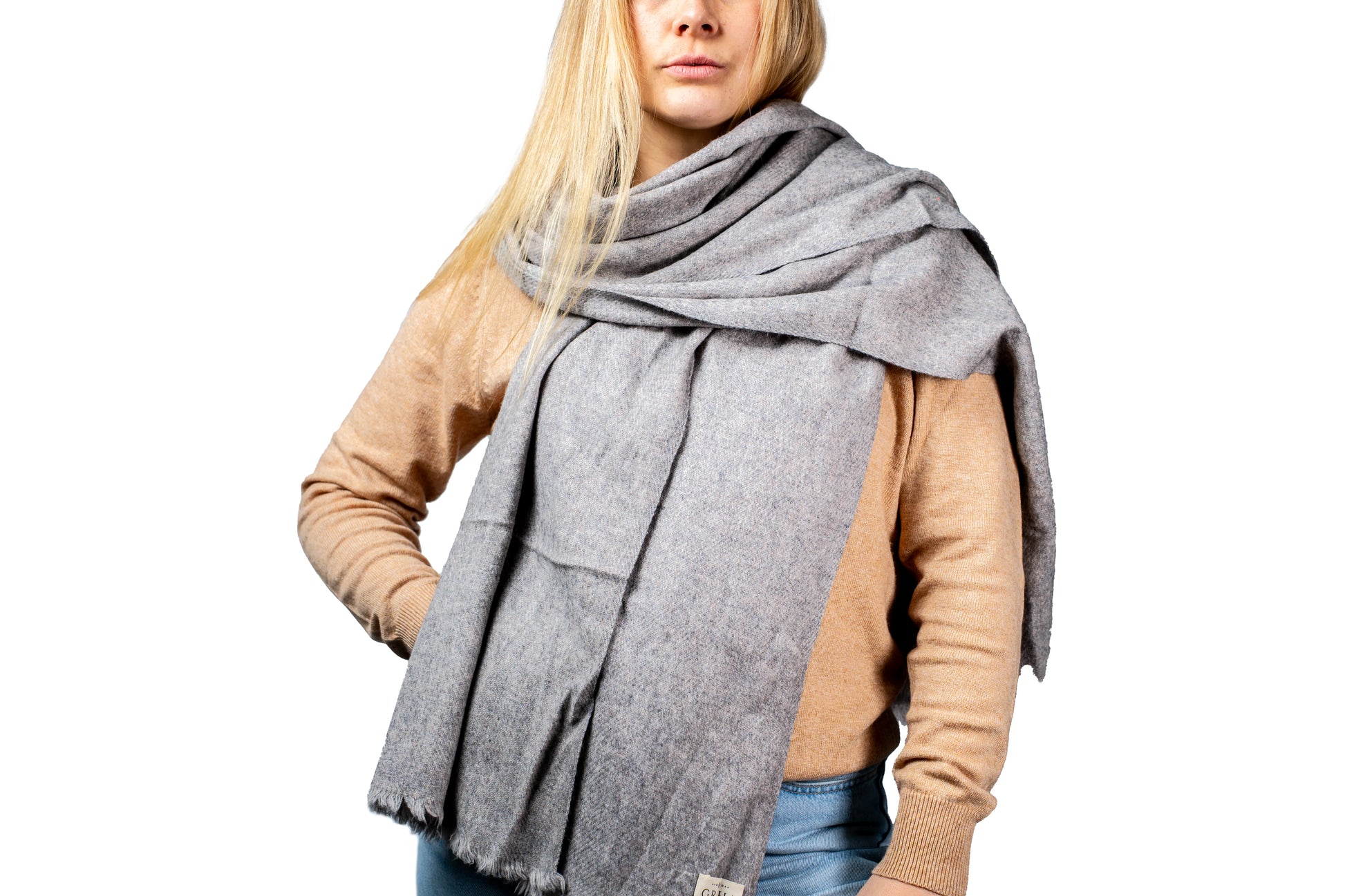 wearing a gray scarf