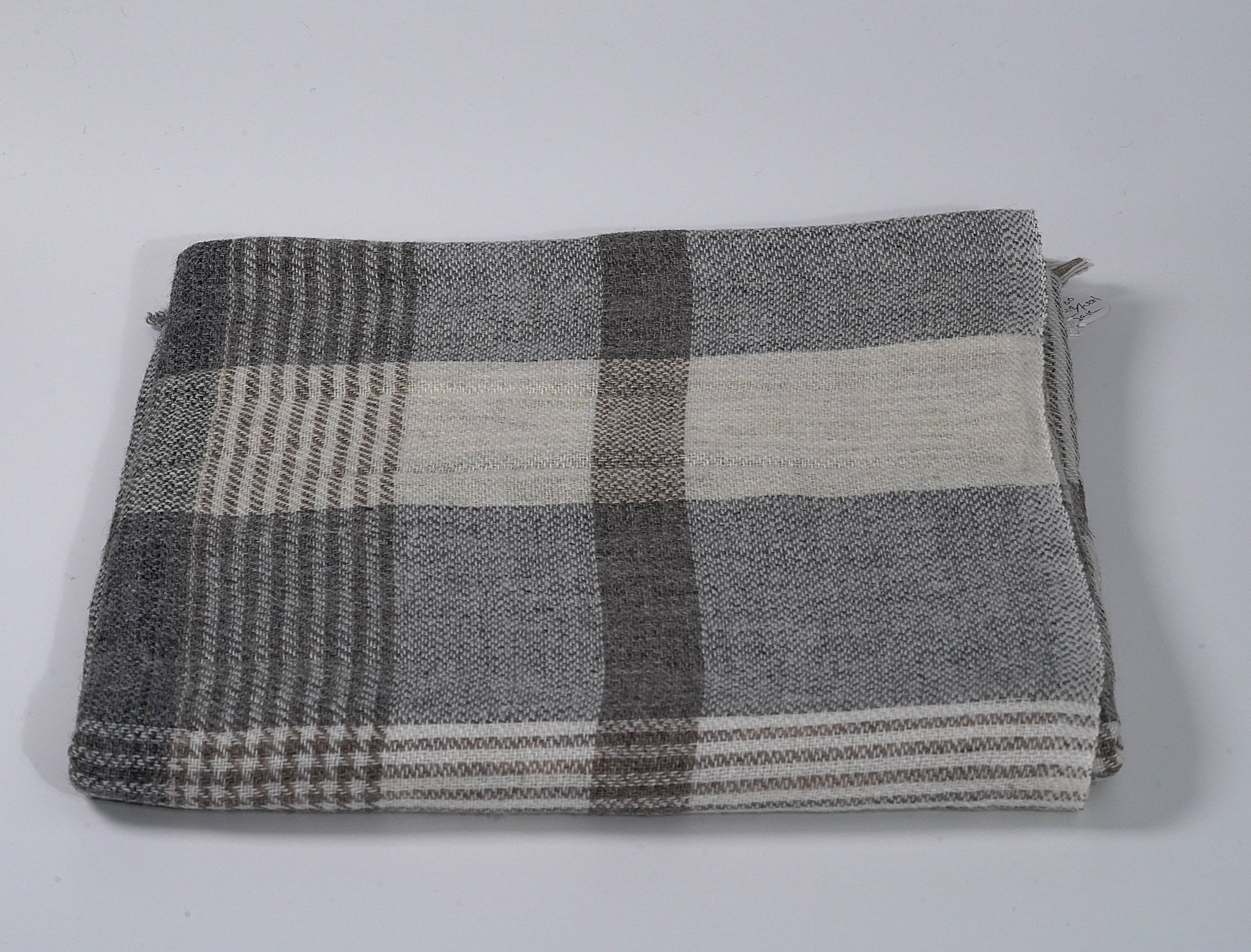 Grey and Cream Large Checkered Sheep Wool Shawl