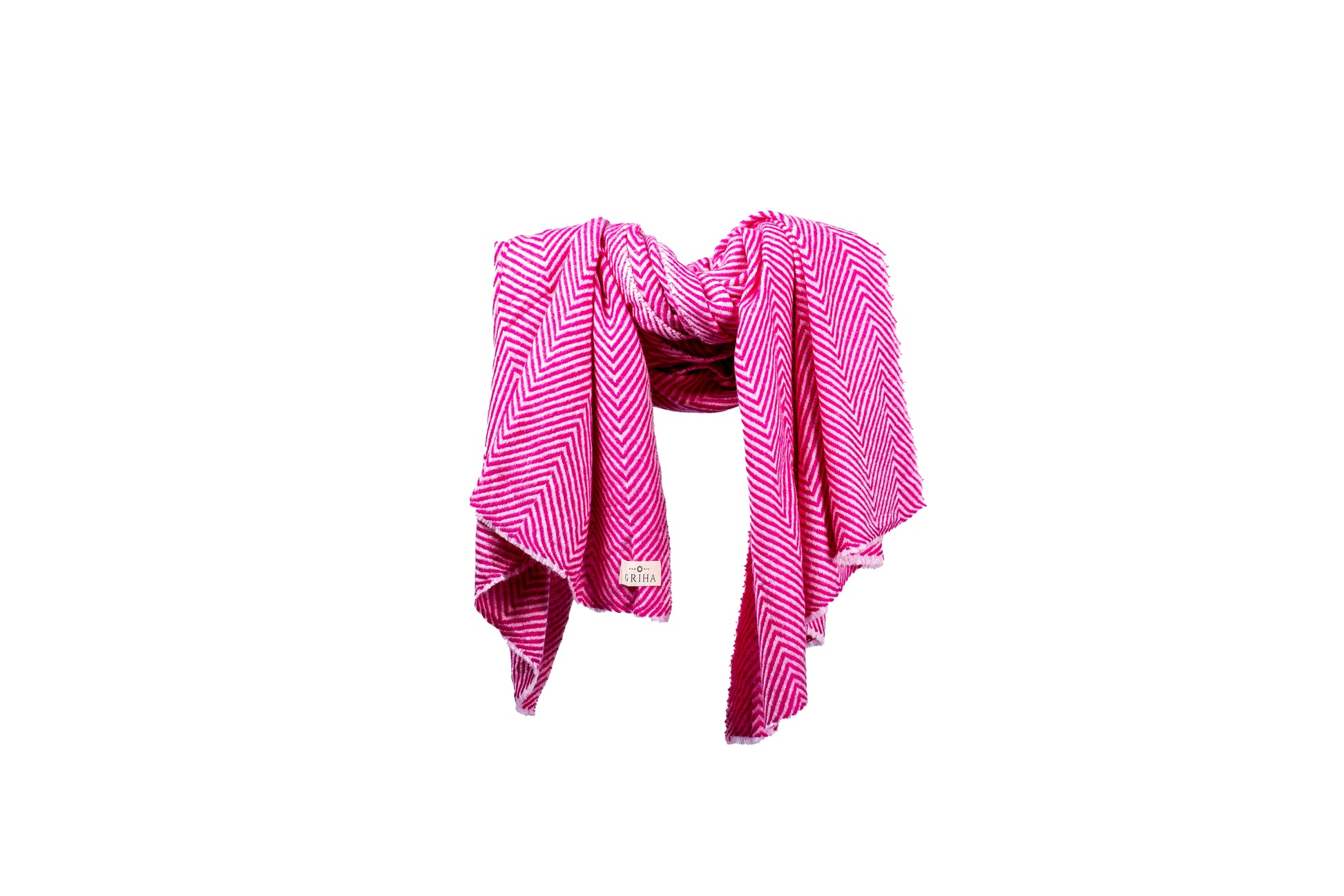 Pink and white striped pashmina scarf on a white background GRIHA
