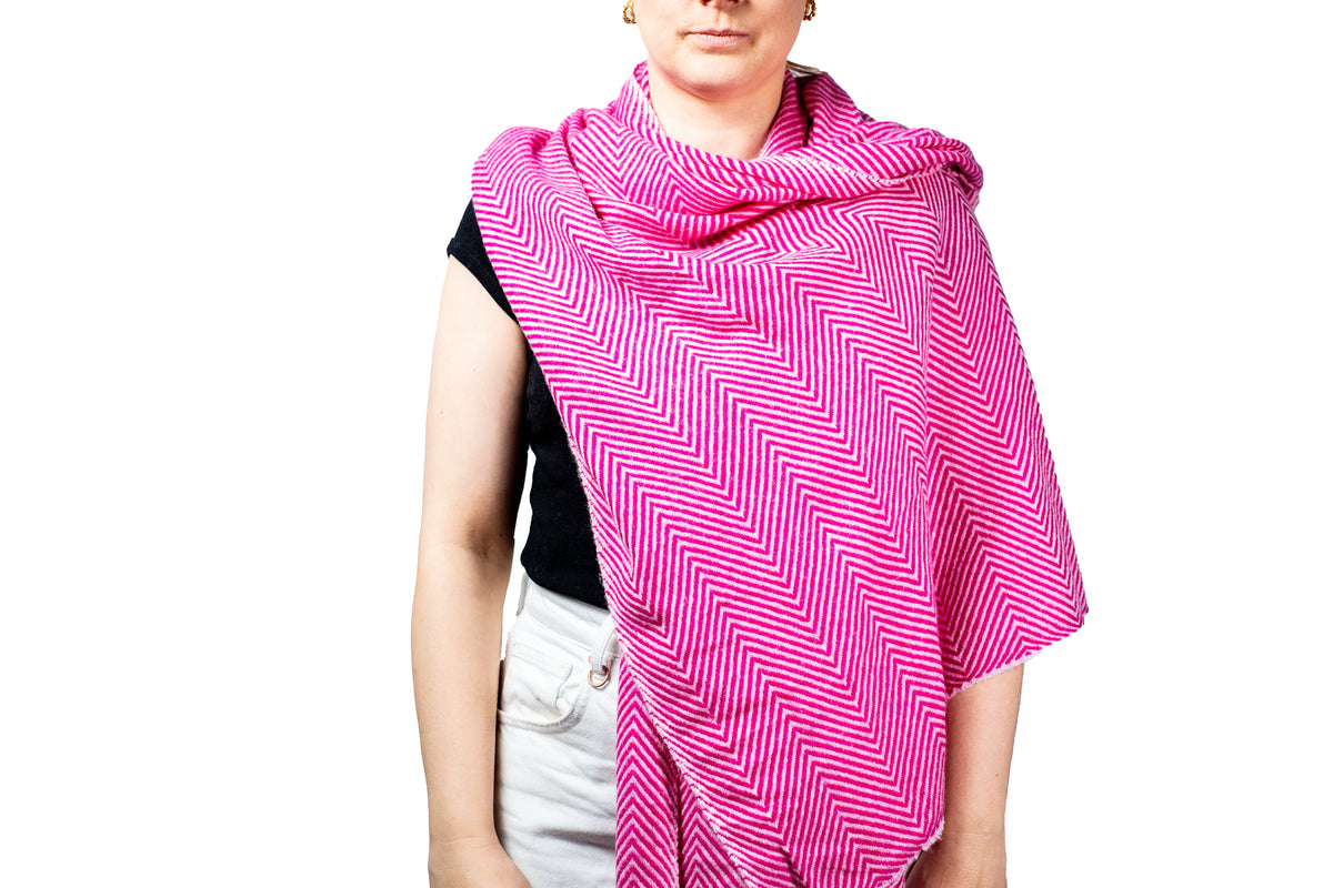 GRIHA Pink and White Herringbone Pashmina Shawl on White Background