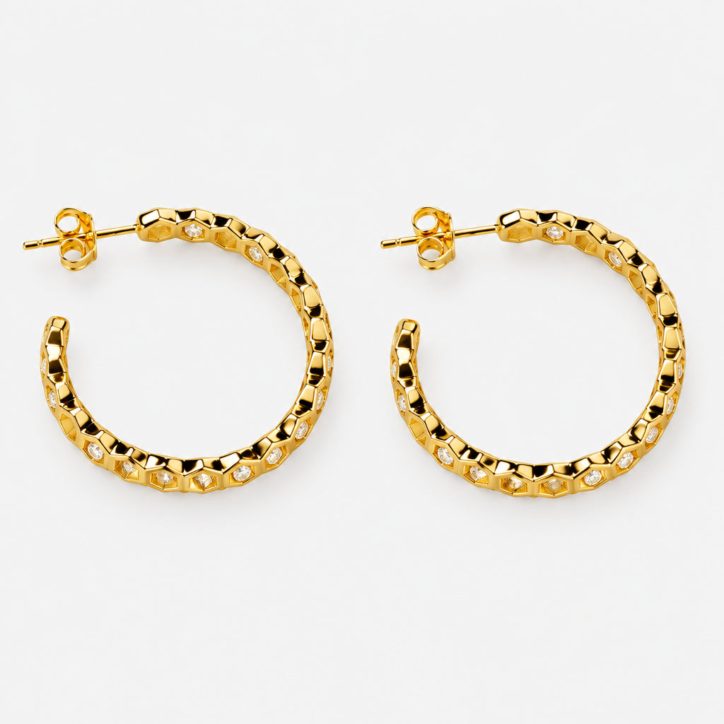 Gold Plated Honeycomb Hoop Earrings with Cubic Zirconia