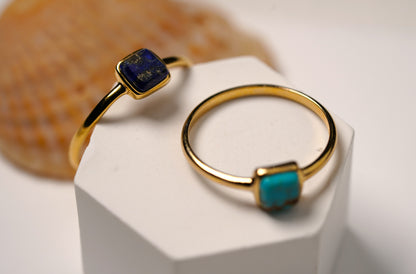 Gold Plated Sterling Silver Petite Square Lapis Stone Ring. Available in Lapis and Turquoise Model Hand