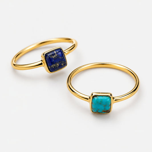 Gold Plated Sterling Silver Petite Square Lapis Stone Ring. Available in Lapis and Turquoise Model Hand
