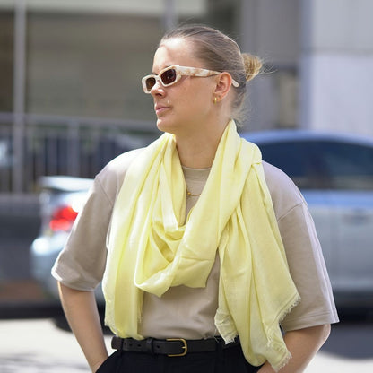 Model Wearing Yellow Cashmere Ring Shawl