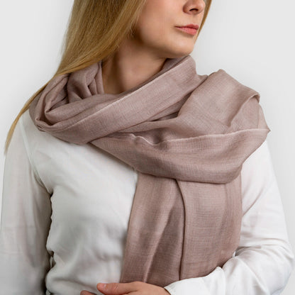 mushroom light pashmina shawl scarf on model wearing a white blouse