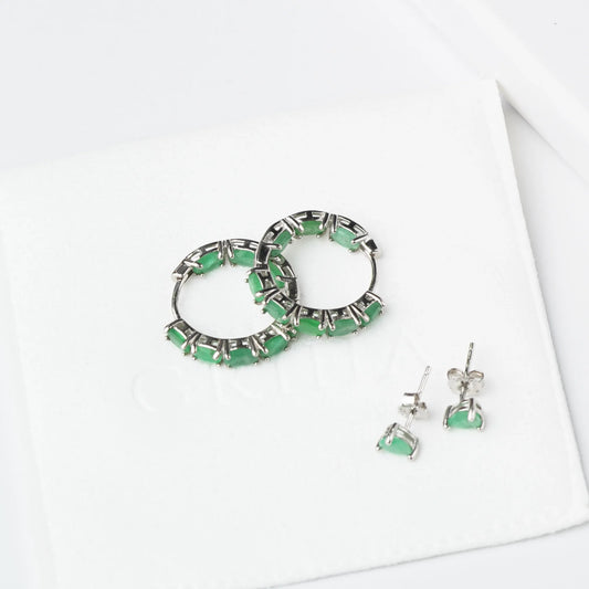 Sterling Silver Natural Emerald  Earrings and stud on a Griha Pouch 