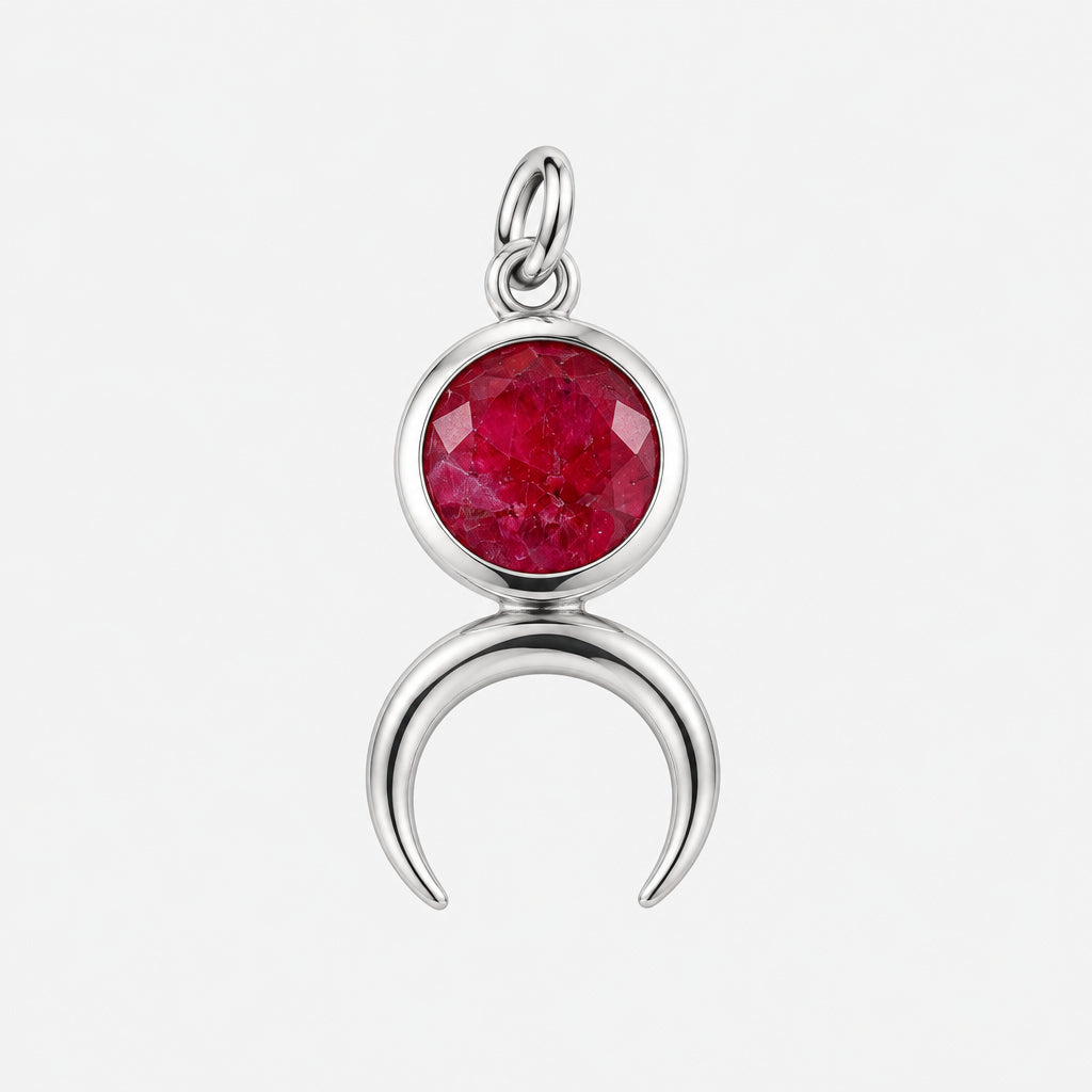 Natural Red Onyx Stone and 925 Sterling Silver Moon Pendant