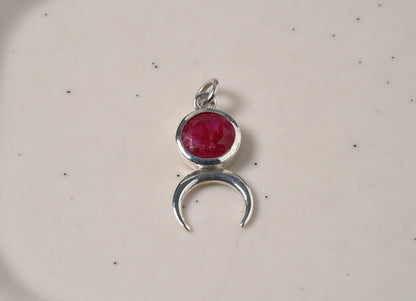 Natural Red Onyx Stone and 925 Sterling Silver Moon Pendant