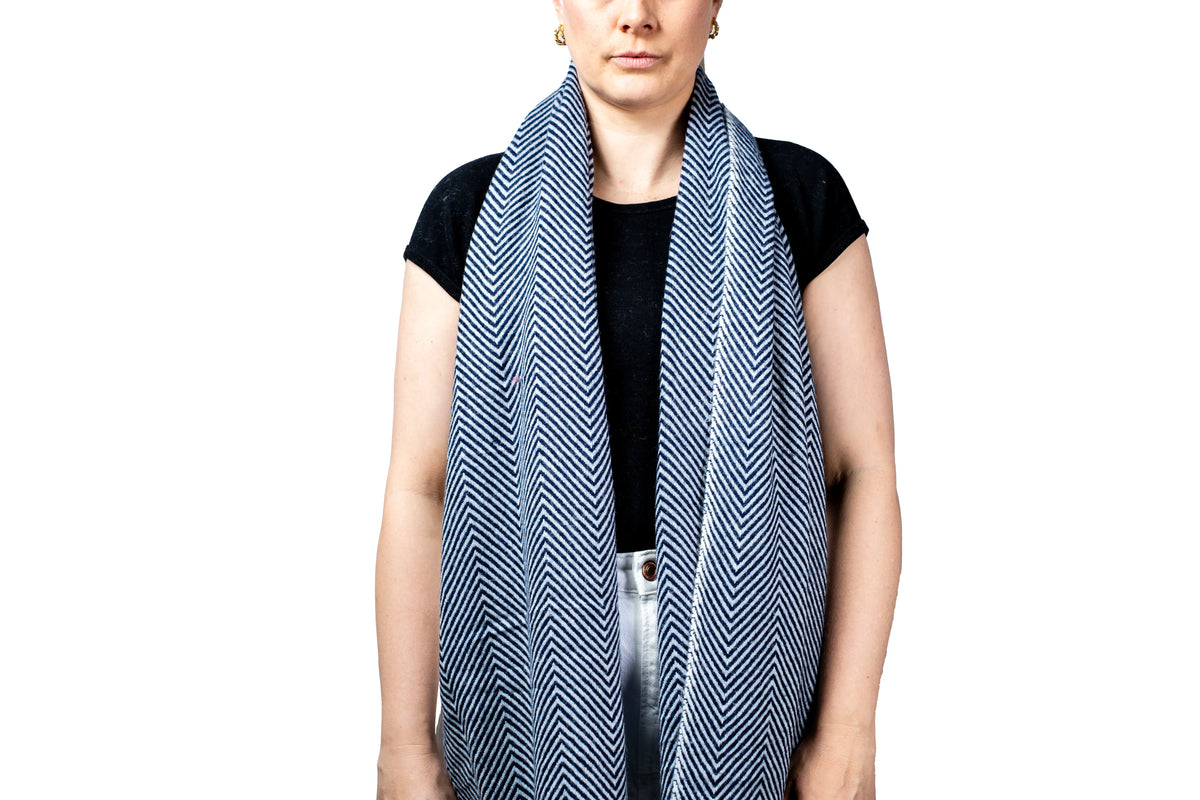 Person wearing a blue and white striped scarf on a white background