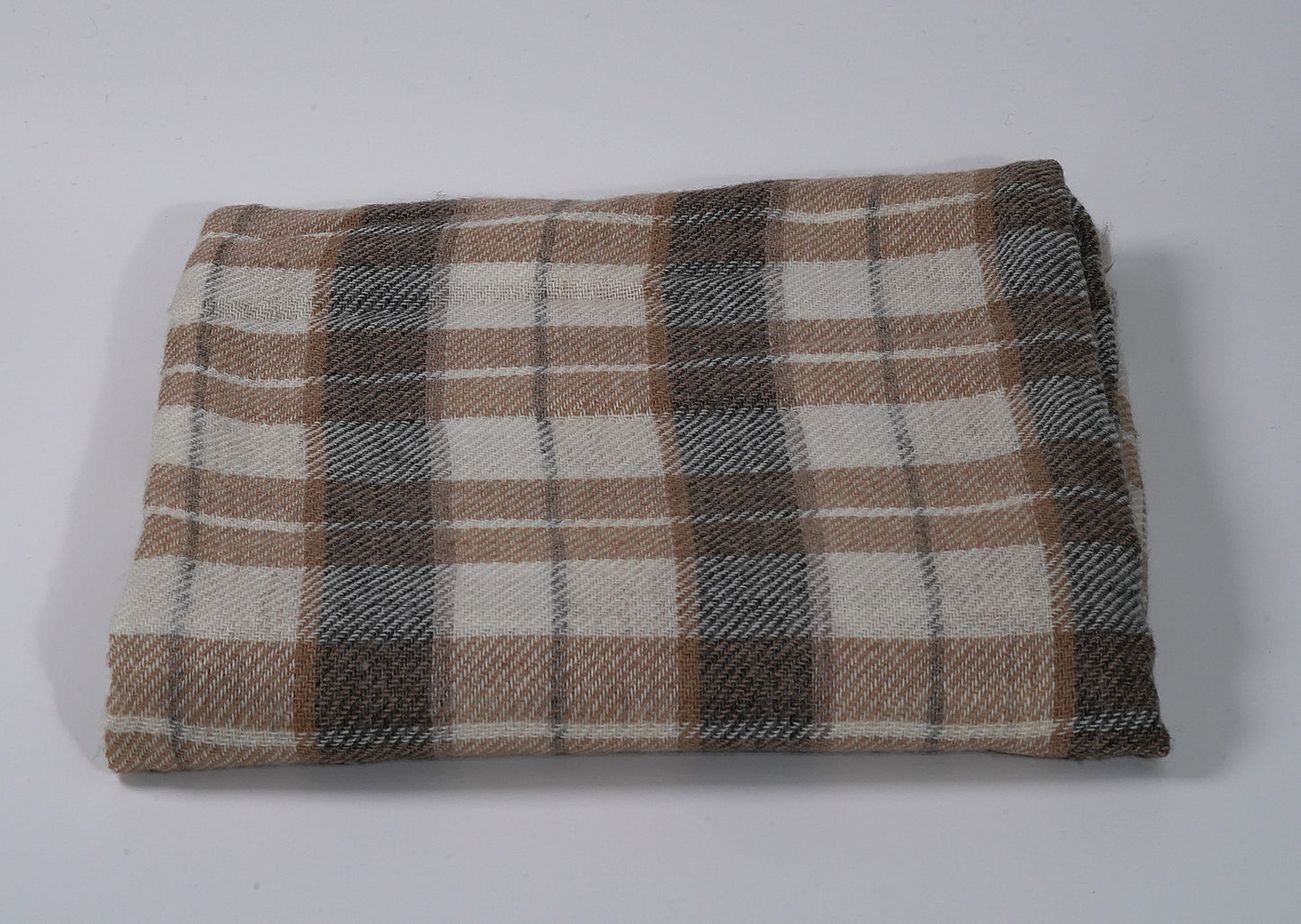 Orange, brown and cream traditional check sheep wool shawl