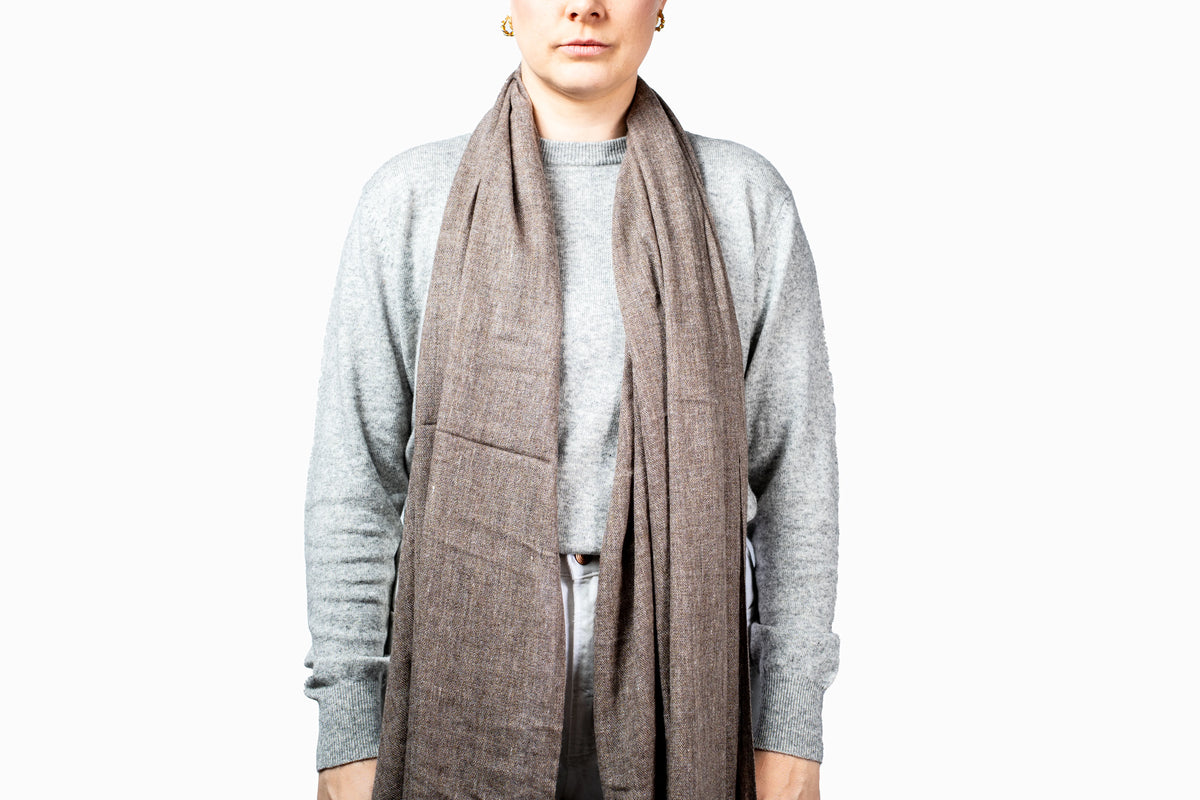 Person wearing a gray scarf and gray sweater on a white background