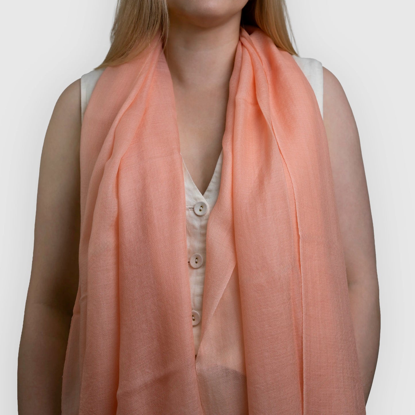 peach light weight pashmina shawl scarf on model griha