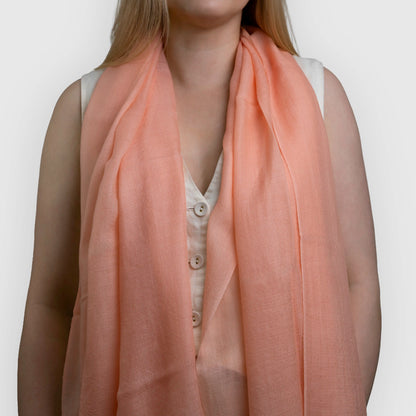 peach light weight pashmina shawl scarf on model griha