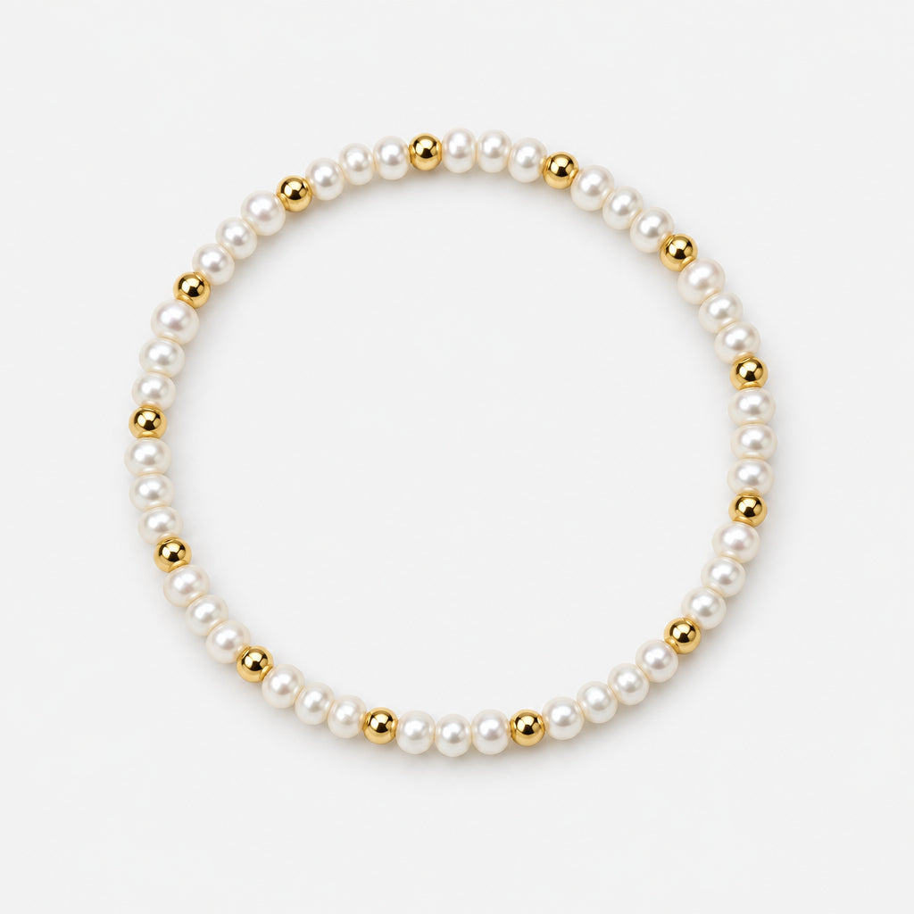 White Pearl Beaded Elastic Bracelet with Gold Feature
