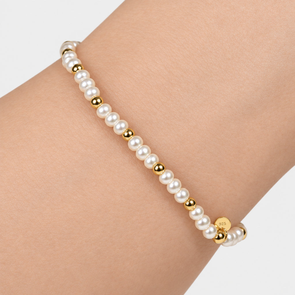 White Pearl Beaded Elastic Bracelet with Gold Feature