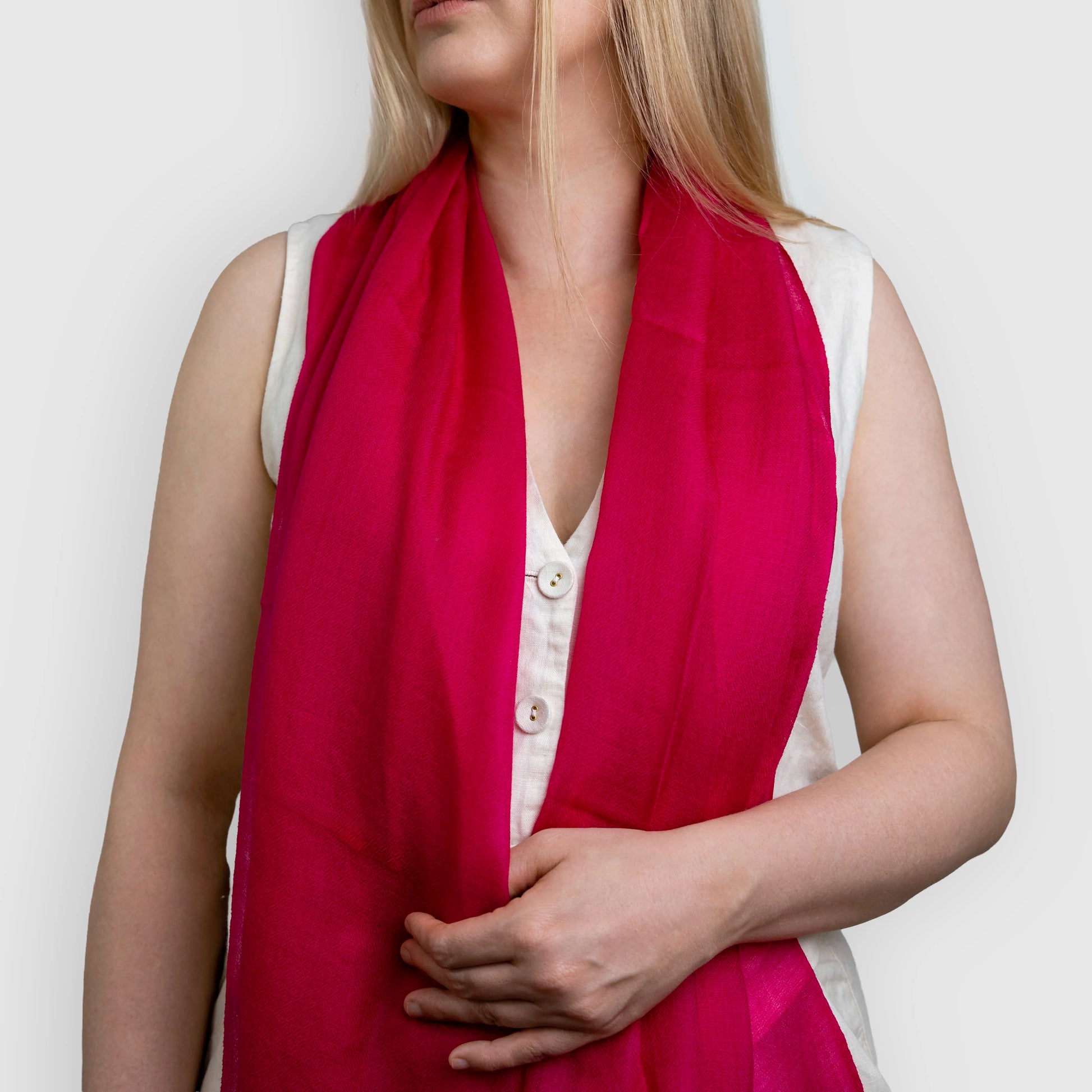 light weight pashmina shawl scarf pink magenta draped on model shoulder