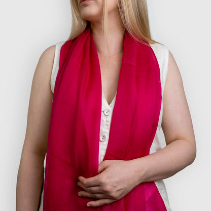 light weight pashmina shawl scarf pink magenta draped on model shoulder