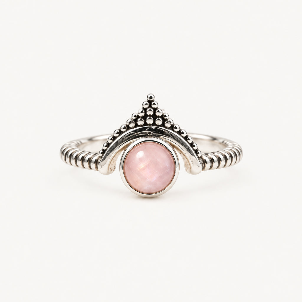 Pink Moonstone Bohemian Style Ring in 925 Sterling Silver
