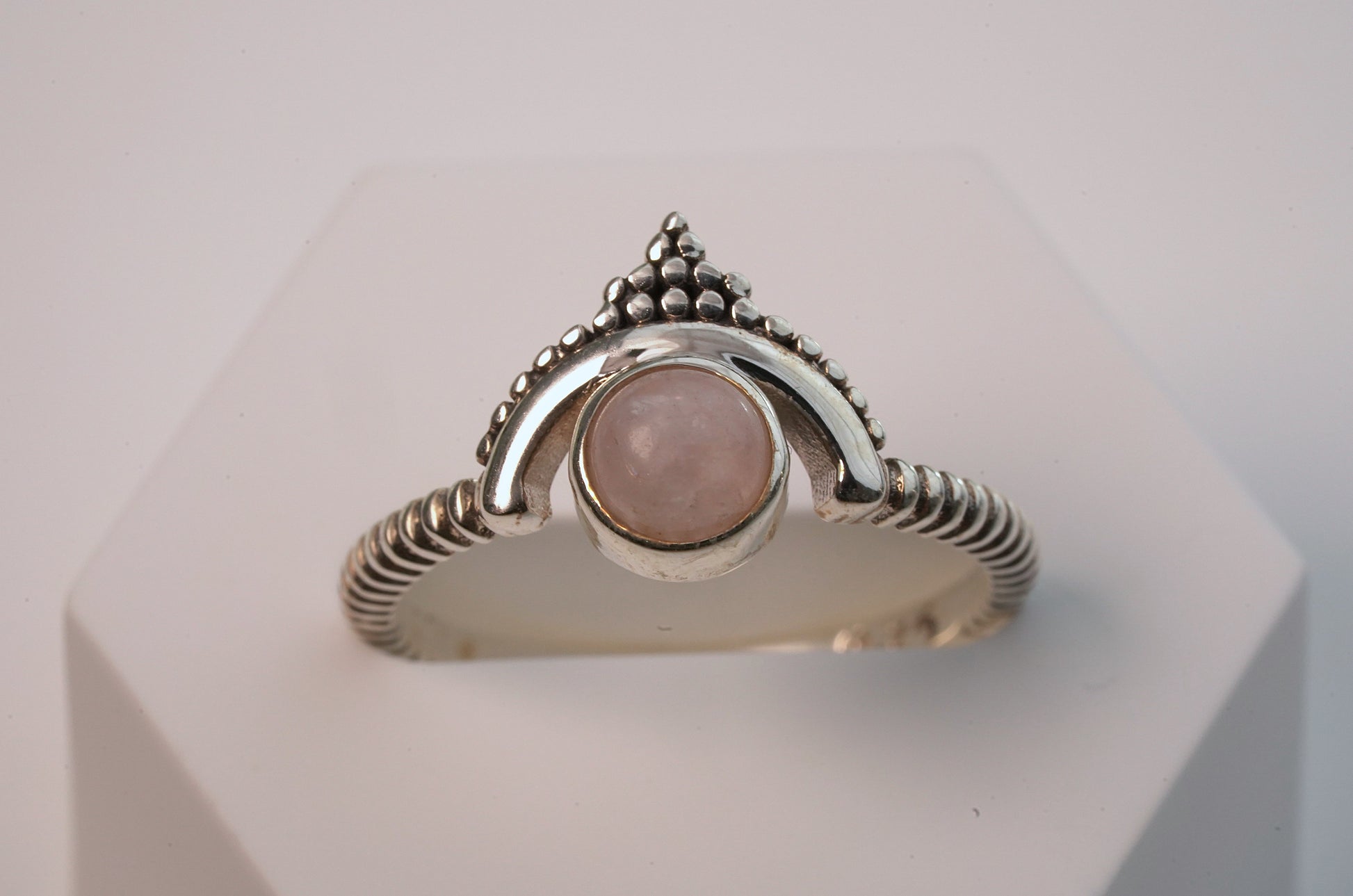 Pink Moonstone Bohemian Style Ring in Sterling Silver