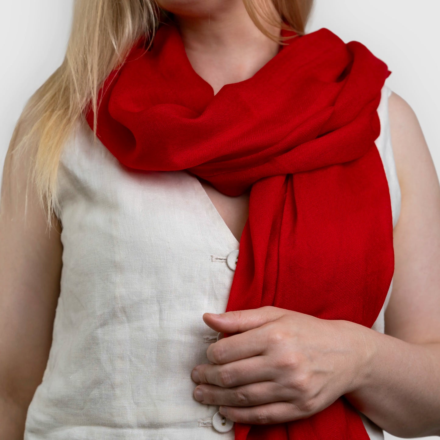 Bright red pashmina shawl scarf model shoulder