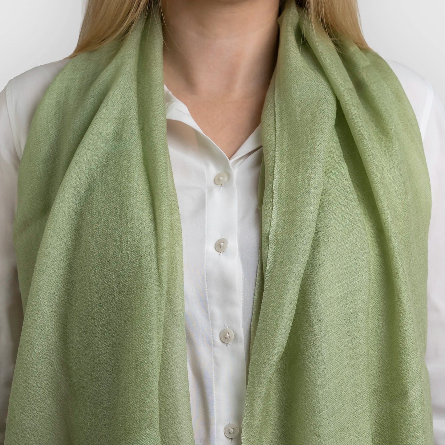 pashmina shawl scarf sage green on model neck