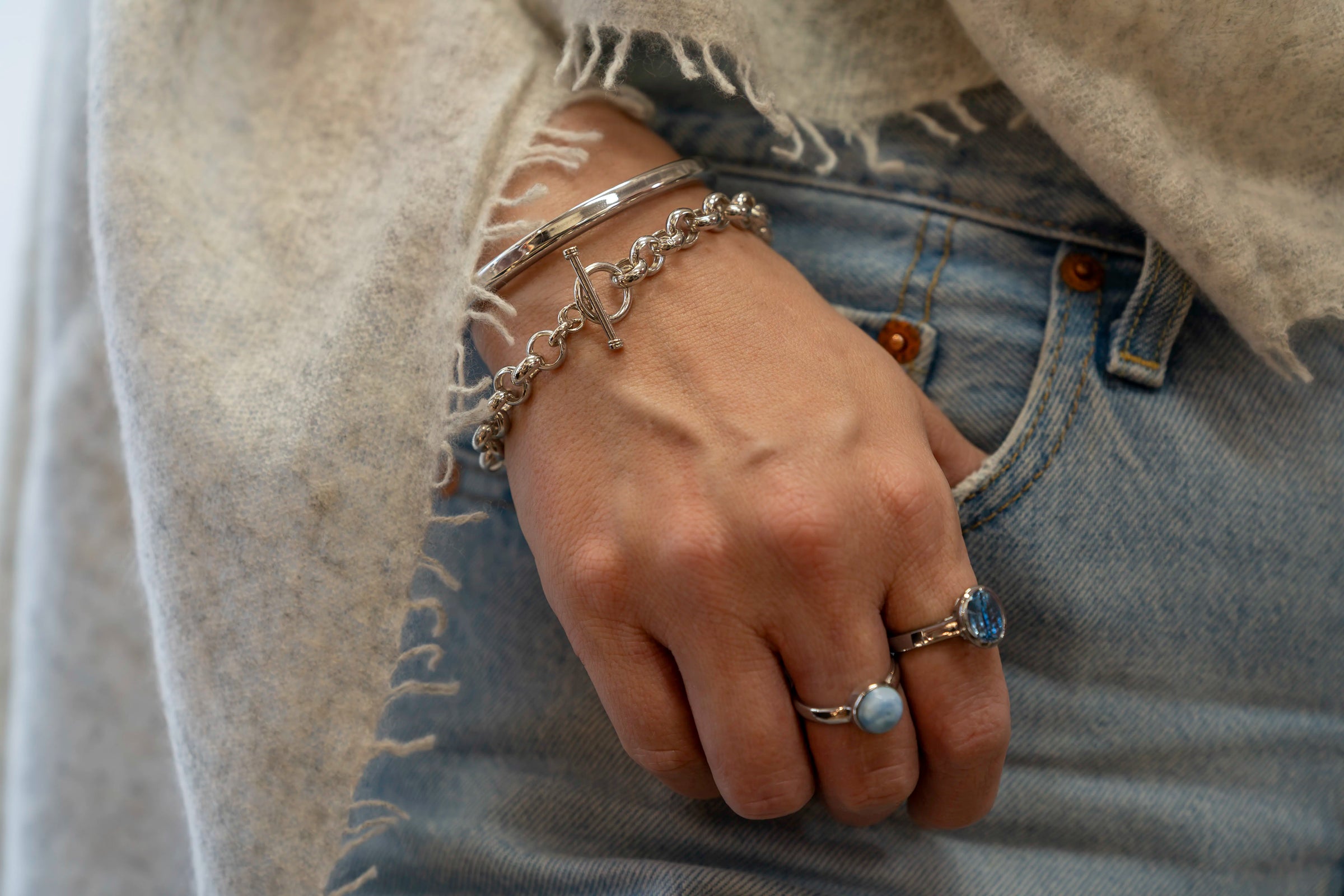 Silver Belcher Chain Bracelet and Bangle with Aquamarine and Larimar Ring.