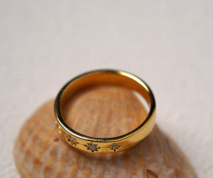 Gold Plated Sterling Silver Band Ring with Star Cubic Zirconia Feature