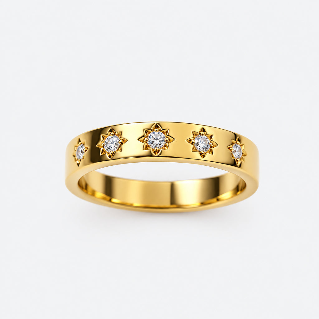 Gold Plated Sterling Silver Band Ring with Star Cubic Zirconia Feature