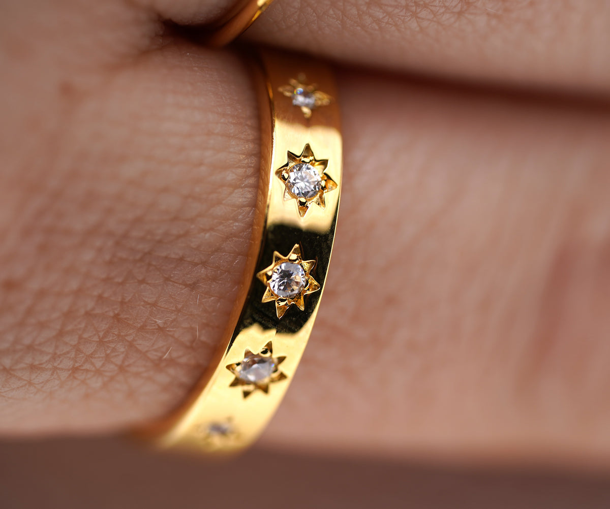 Gold Plated Sterling Silver Band Ring with Star Cubic Zirconia Feature