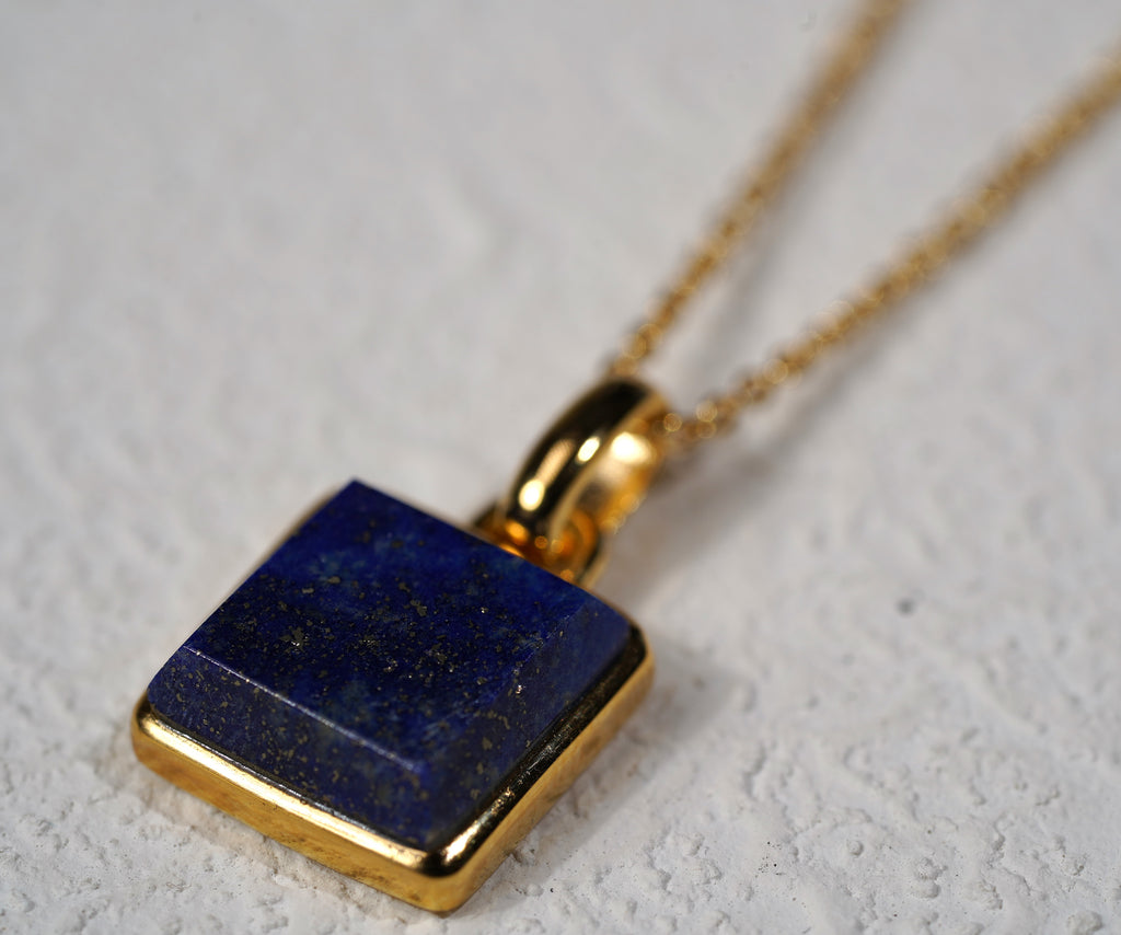 Gold Plated Sterling Silver Necklace with Large Square Real Lapis