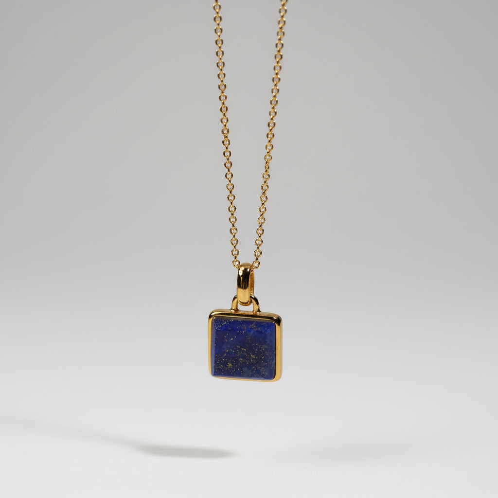 Gold Plated Sterling Silver Necklace with Large Square Real Lapis