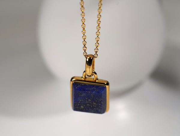 Gold Plated Sterling Silver Necklace with Large Square Real Lapis