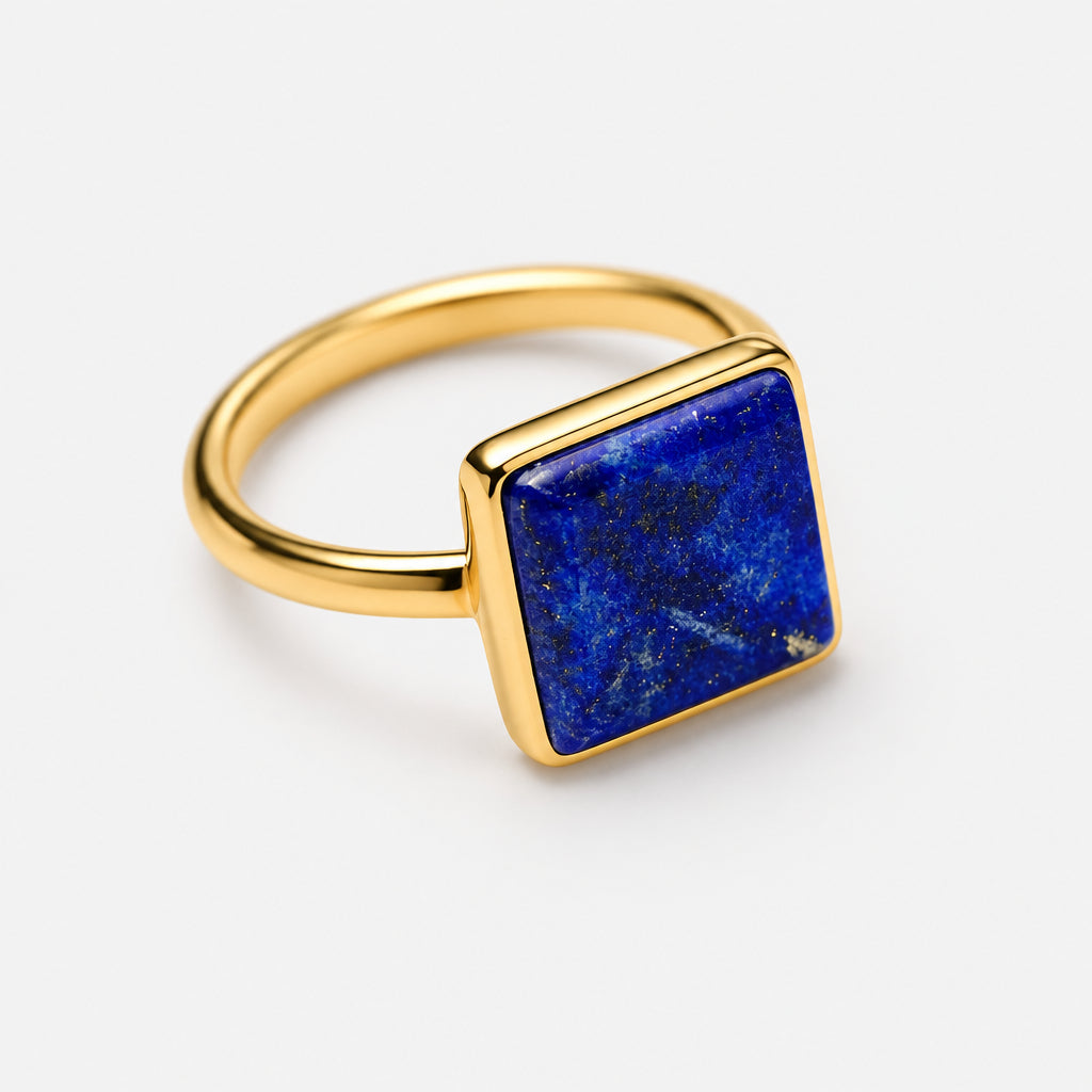 Gold Plated Sterling Silver Large Square Lapis Stone Ring